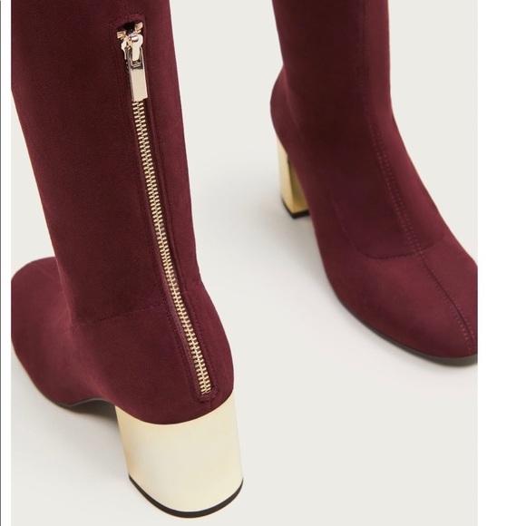 Metallic Heel High Boots Wine Gold Zip Accents - Picture 3 of 6